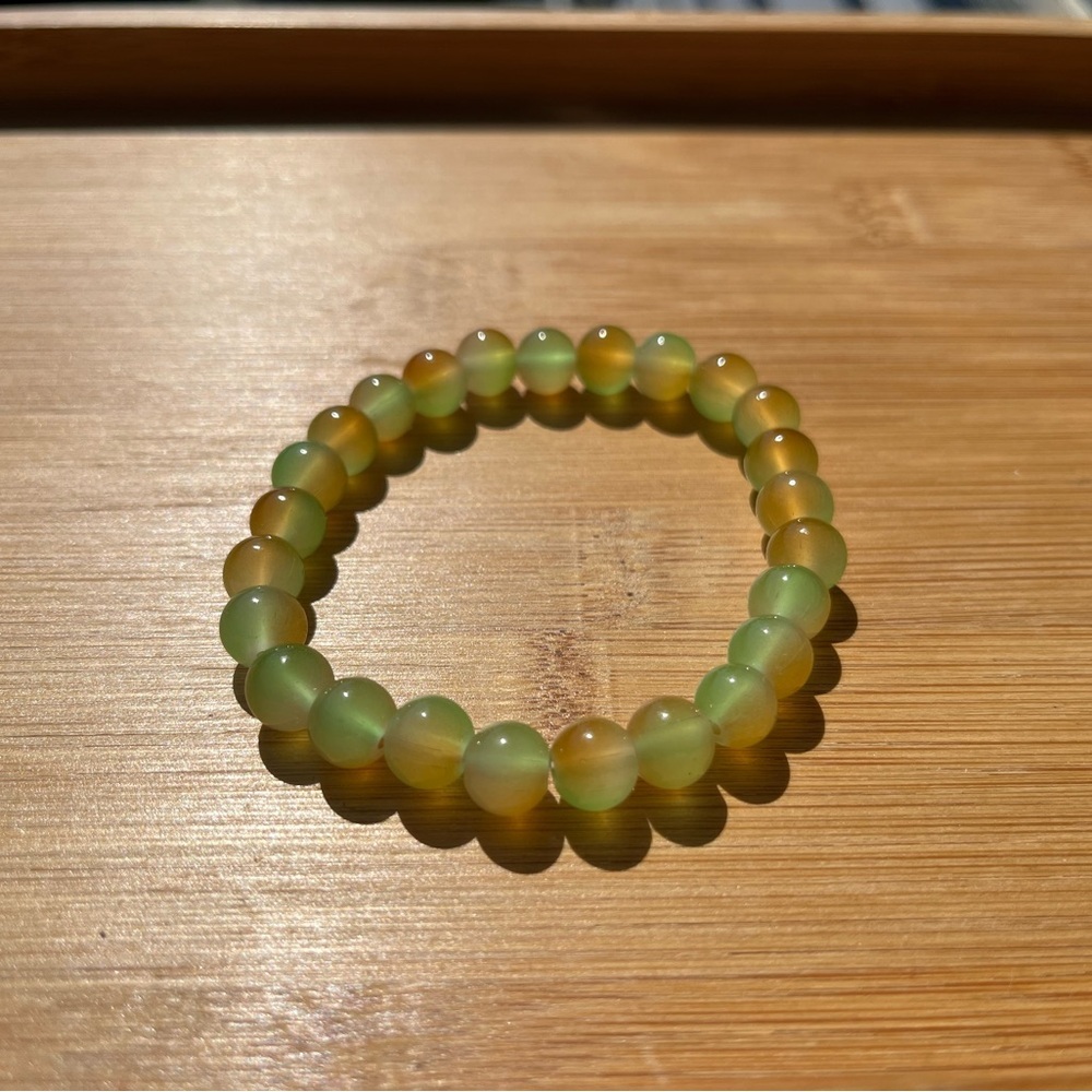 Elegant Glass Green and Orange Agate Bracelet Stretchy Unisex 8mm beads - Picture 5 of 8